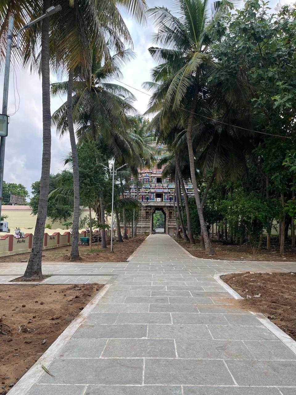 Outer gopuram view from inner gopuram. Left Jata Makuta Theertham, right Bhairava shrine